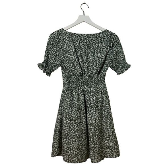 Dee Elly Womens Small Green Ditsy Floral Sweetheart Neckline Puff Sleeve Dress - Picture 2 of 10